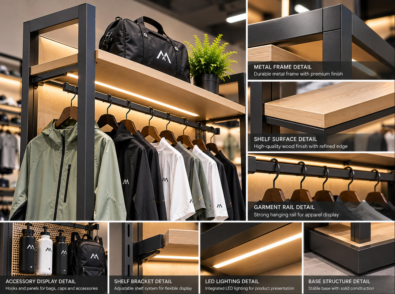 Sportswear display rack material details showing metal frame shelves garment rails and premium finishes