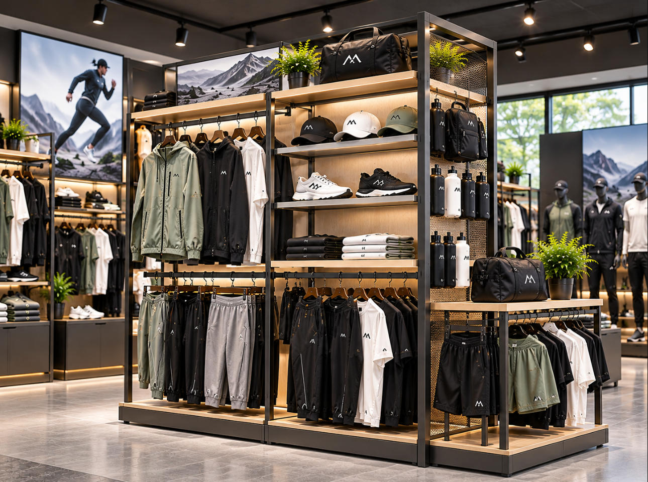 Custom sportswear display rack with garment rails shelves and accessory storage for athletic retail stores