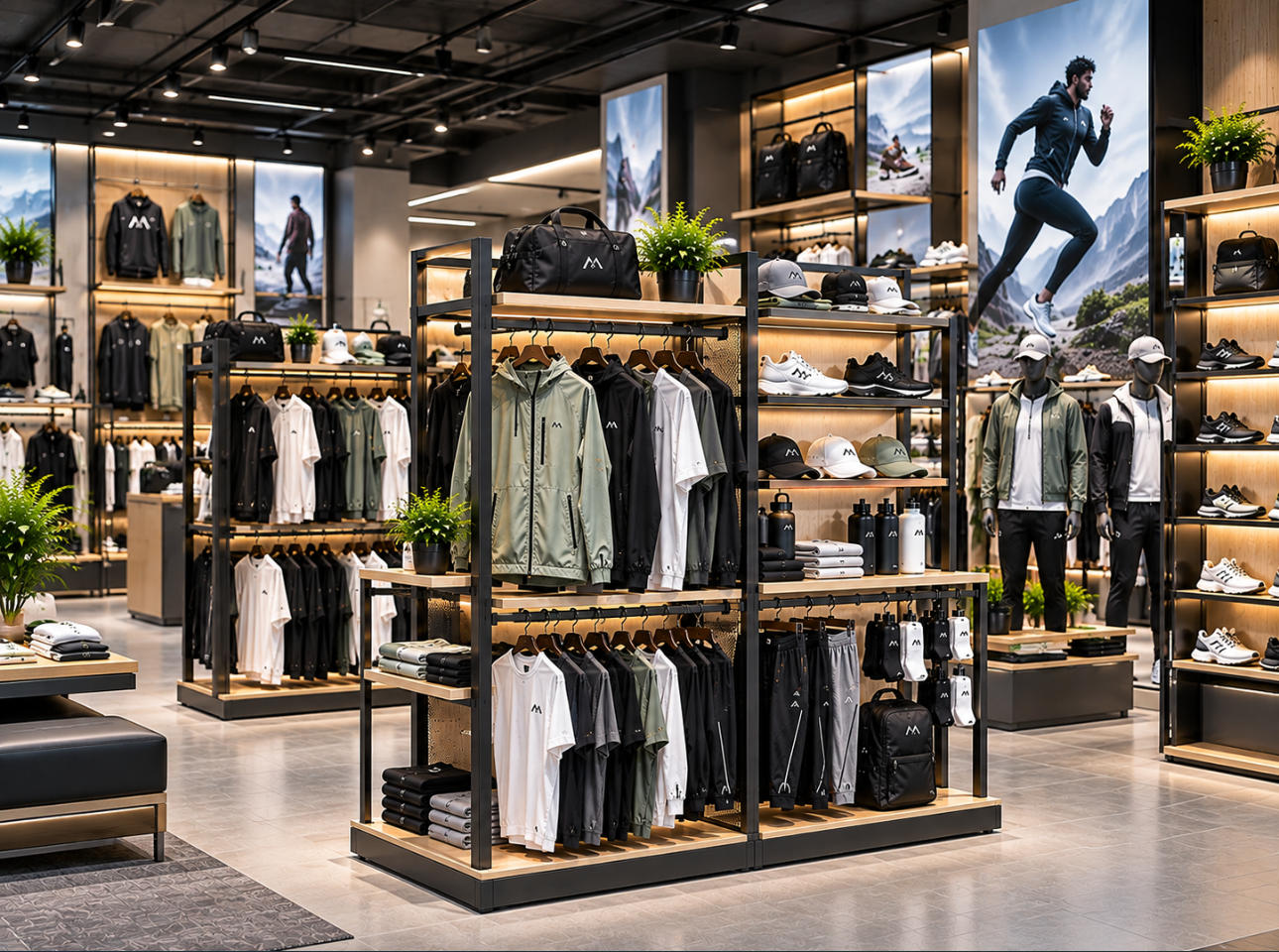 Modern sportswear store featuring custom display racks with athletic apparel shoes and accessories