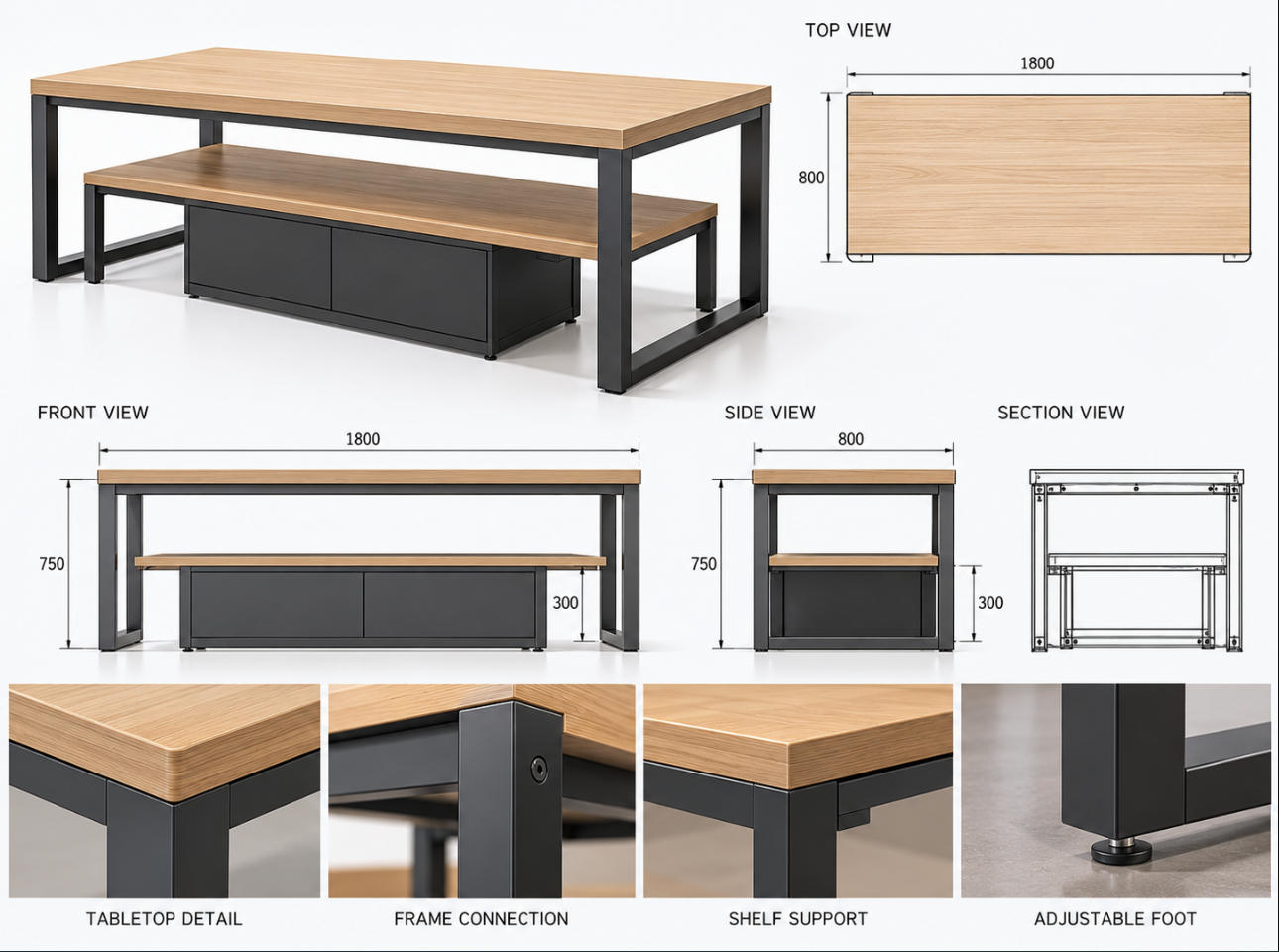 Custom sportswear display table CAD drawing without merchandise showing top plan, front elevation, side elevation, support frame and dimensions