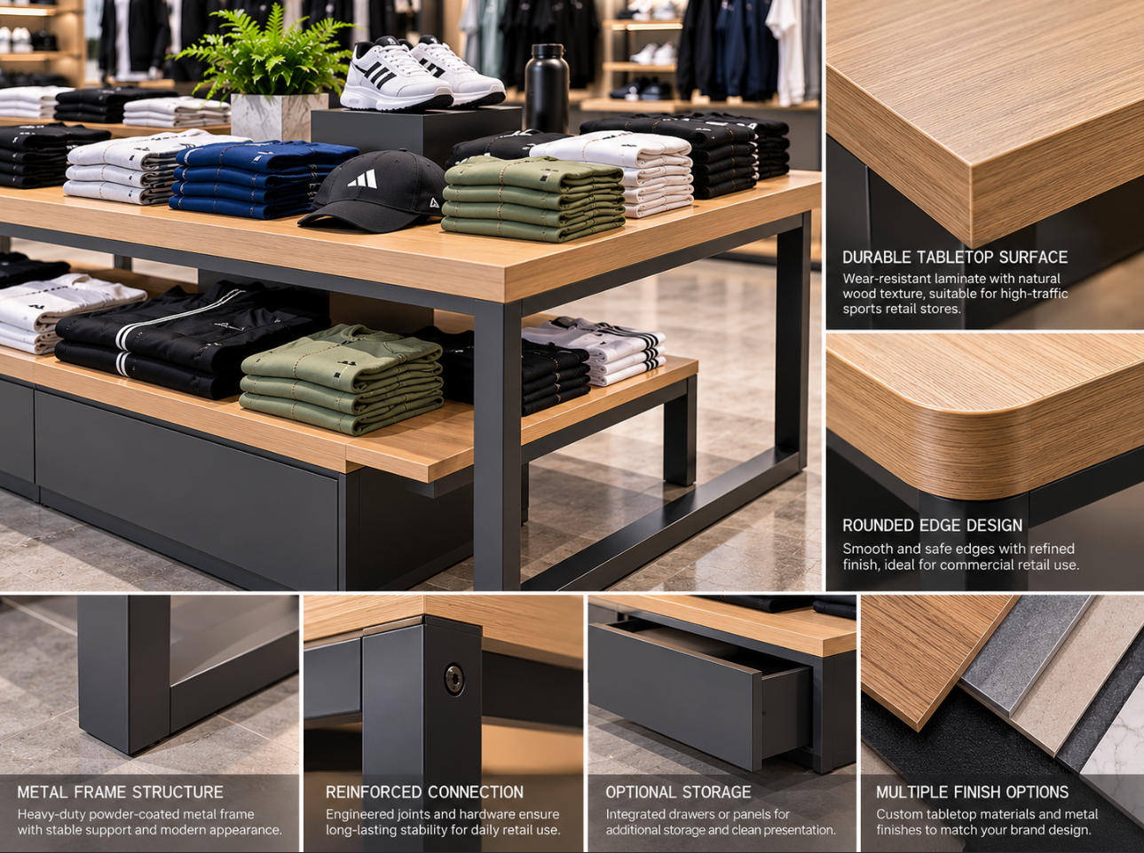 Sportswear display table material details showing durable tabletop laminate, powder-coated metal frame, rounded edges and reinforced support joints