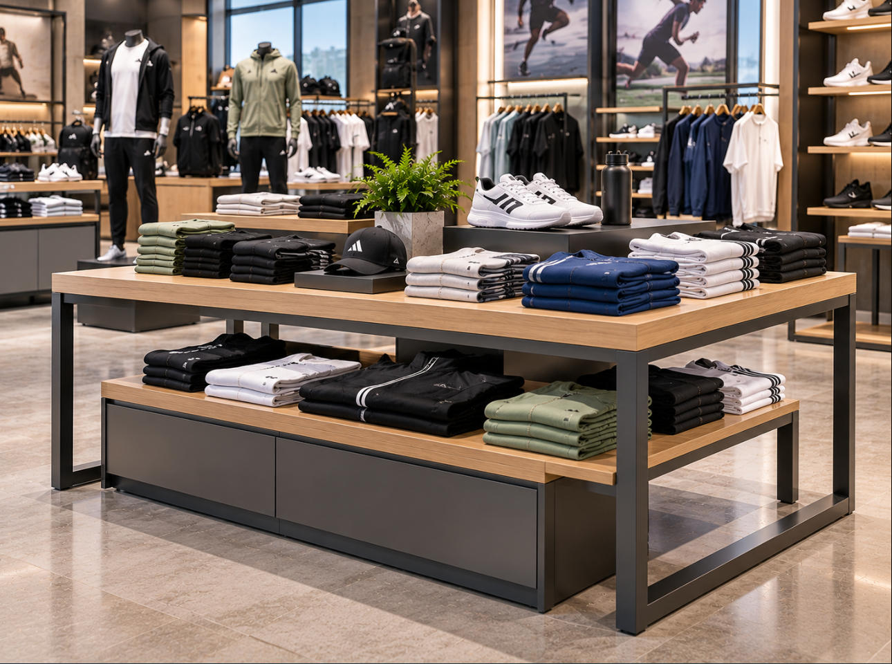 Custom sportswear display table with spacious open tabletop, durable metal support frame and organized athletic apparel presentation