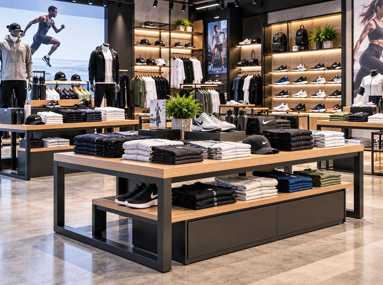 Modern athletic retail store featuring custom sportswear display tables with folded training apparel, sneakers and coordinated sports accessories