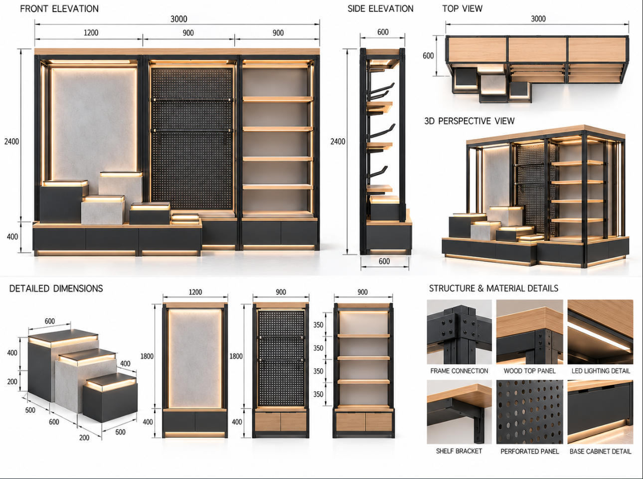 Custom sportswear feature display unit CAD drawing without merchandise showing front elevation, side elevation, top plan, display platforms, graphic panels and dimensions