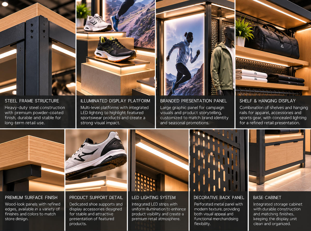 Sportswear feature display unit material details showing metal frame, illuminated product platform, decorative panels, LED lighting and premium retail finishes
