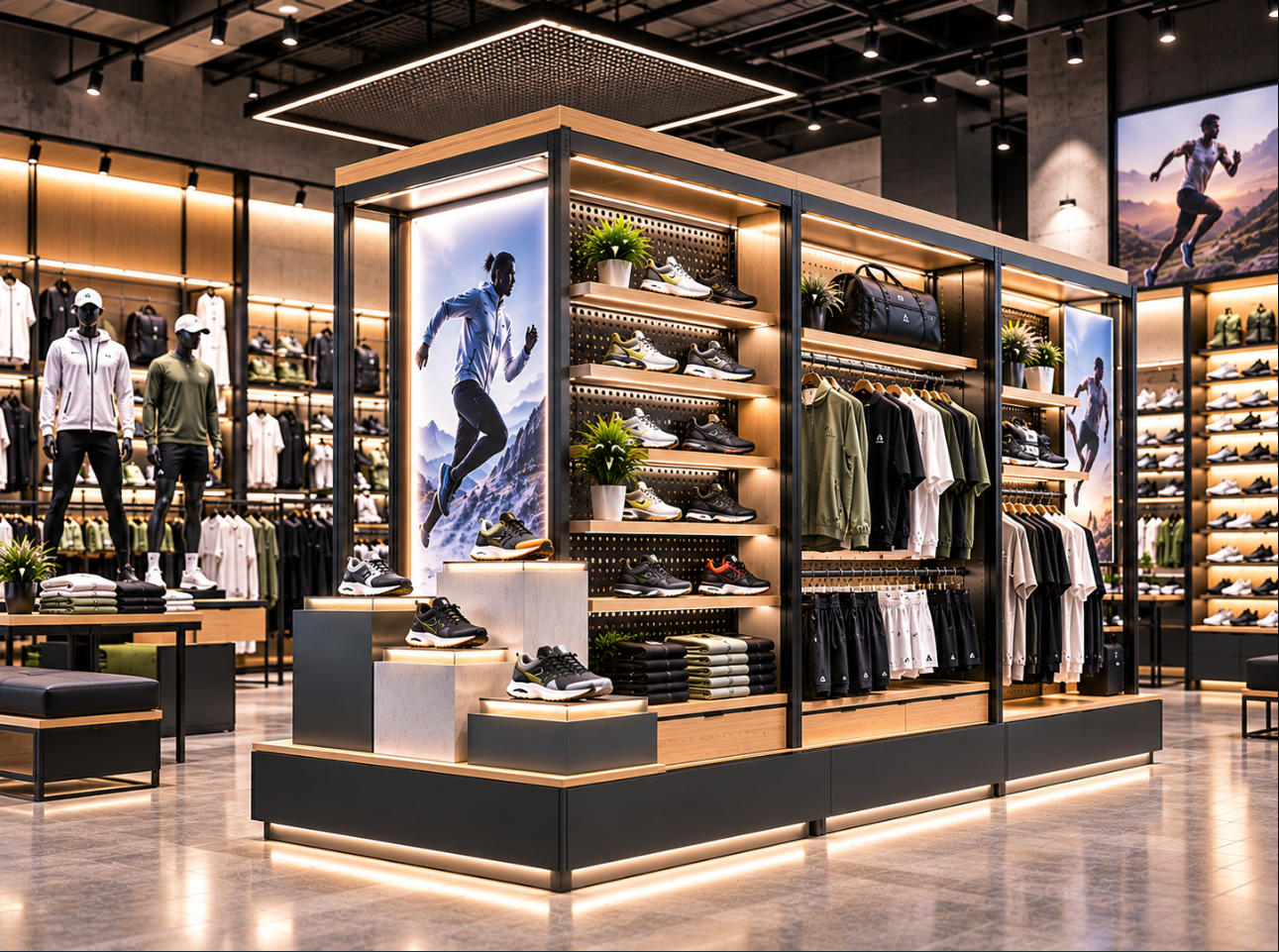 Modern sportswear flagship store featuring a custom illuminated feature display unit for new sneaker launches, athletic apparel collections and branded retail campaigns