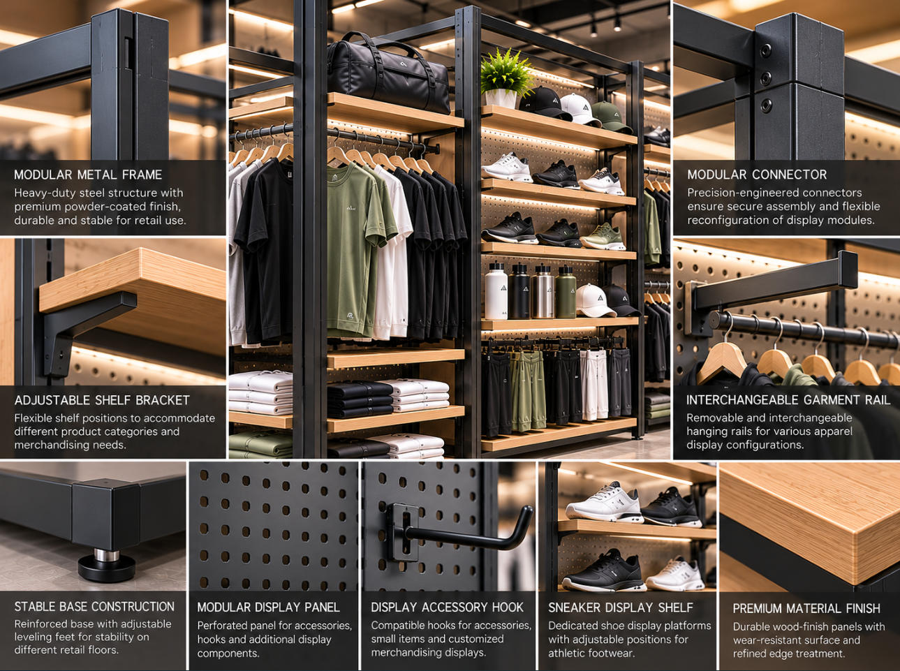 Sportswear modular display system material details showing powder-coated metal frames, modular connectors, adjustable shelf brackets and interchangeable garment rail components