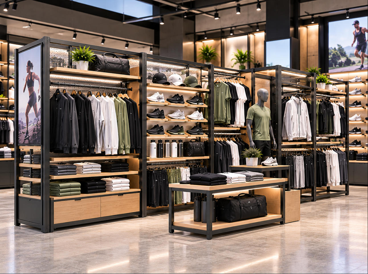 Custom sportswear modular display system with connected metal frames, interchangeable garment rails, adjustable shelves and athletic retail merchandising modules