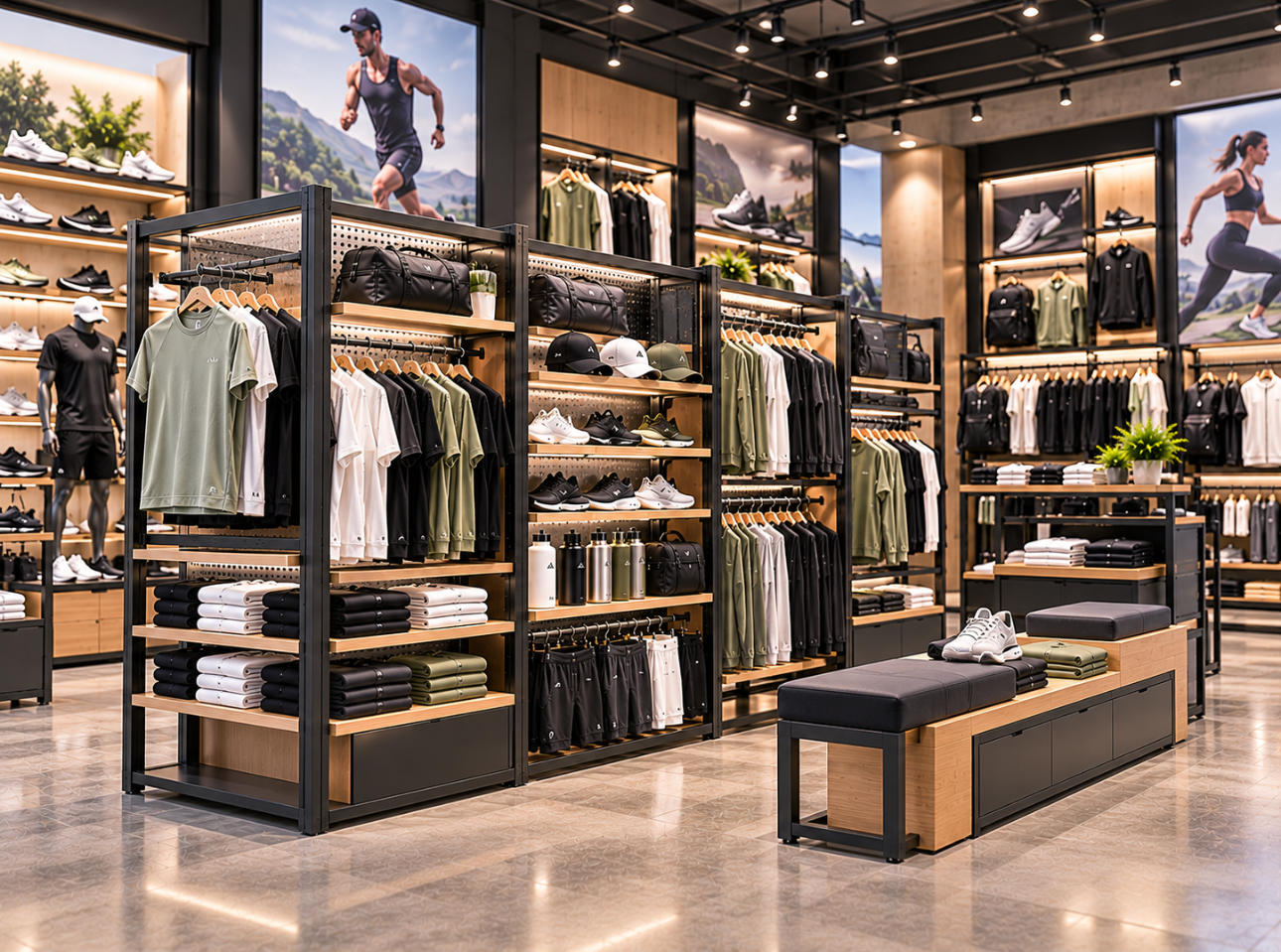 Modern athletic retail store featuring custom modular sportswear display systems with connected metal frames, interchangeable shelves, garment rails and footwear presentation modules