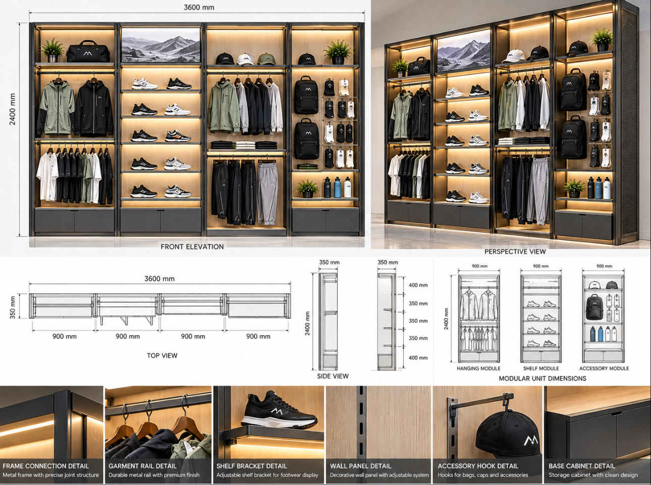 Custom sportswear wall display system technical drawing showing wall elevation, garment rail positions, shelf spacing and dimensions