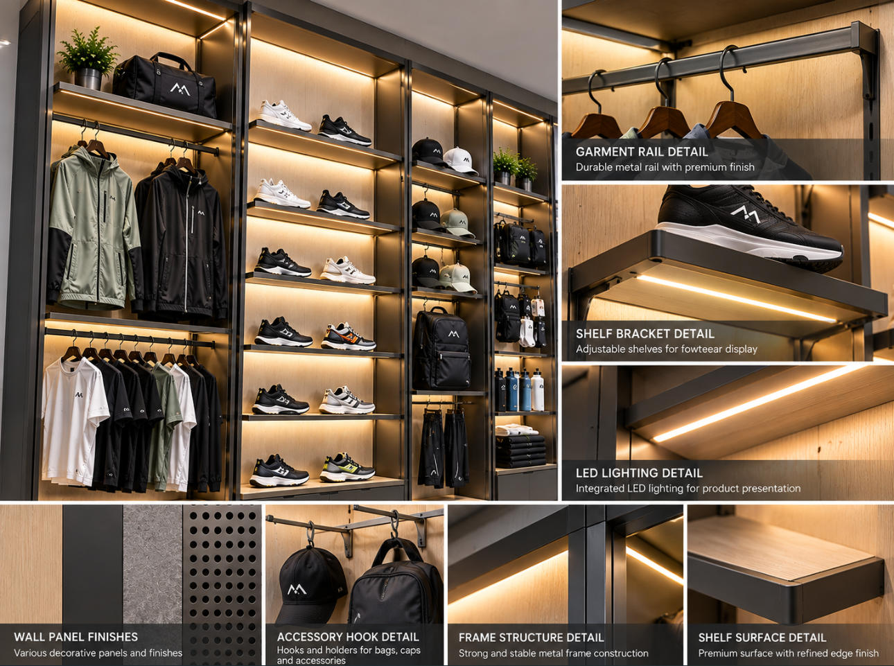 Sportswear wall display system material details showing metal garment rails, shelf brackets, decorative panels and lighting integration