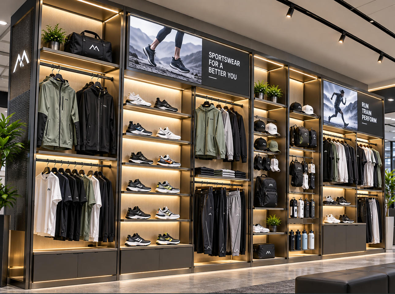 Custom sportswear wall display system with garment rails, footwear shelves and integrated accessory display modules