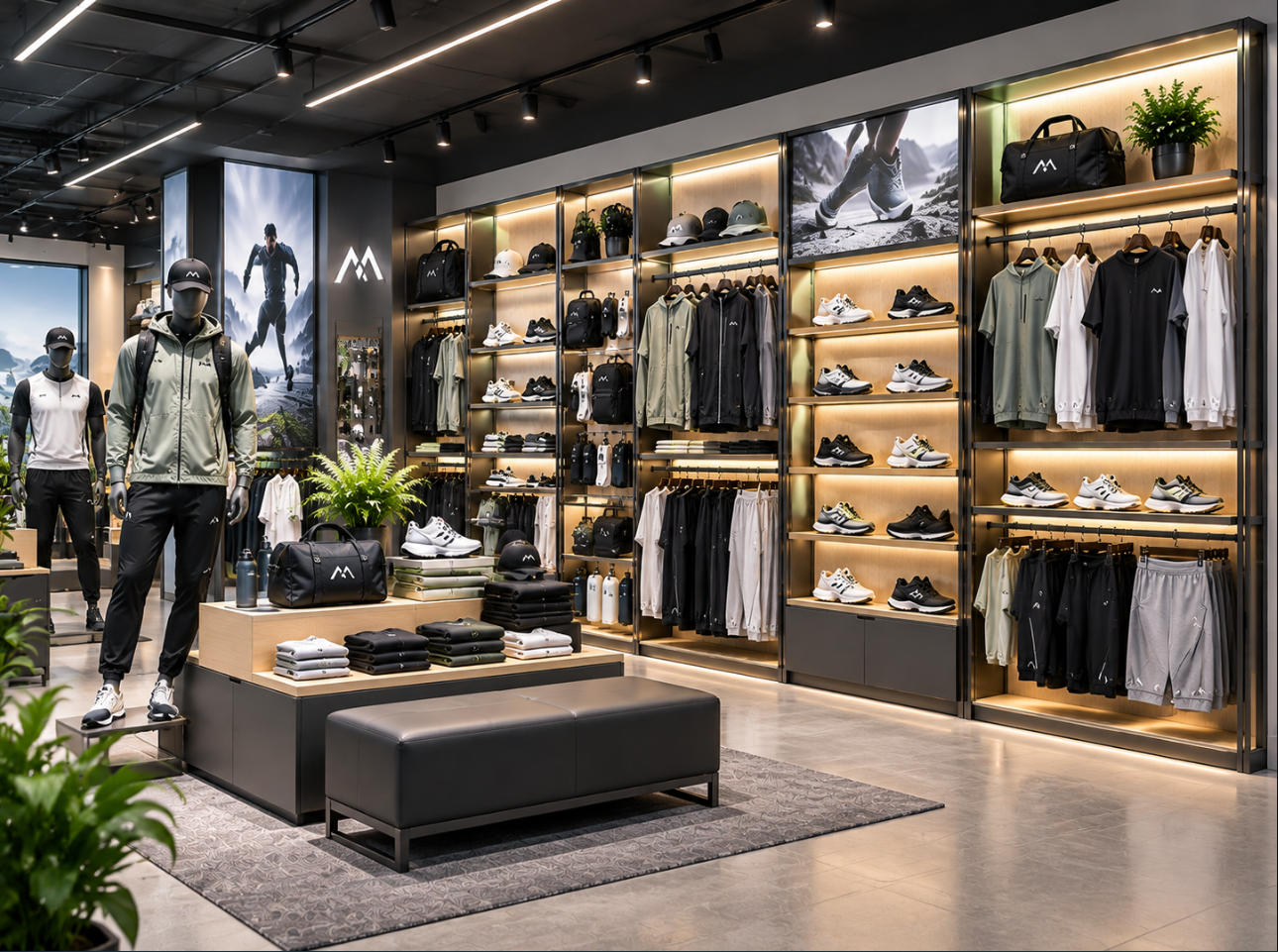 Premium sportswear retail store featuring modular wall display systems with athletic apparel, sneakers and coordinated accessories