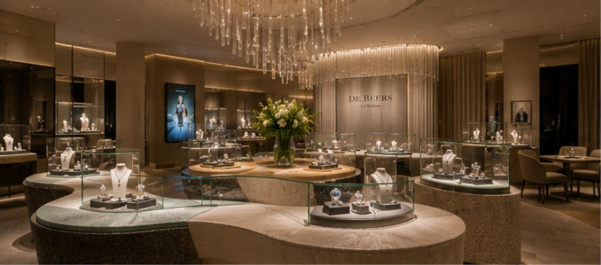 African texture display podiums with natural stone & tweed materials for diamond jewelry