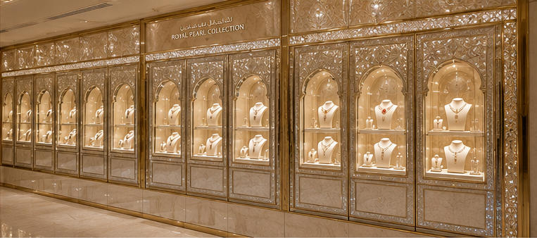 Marble brass cabinet for main high-jewelry circulation aisles