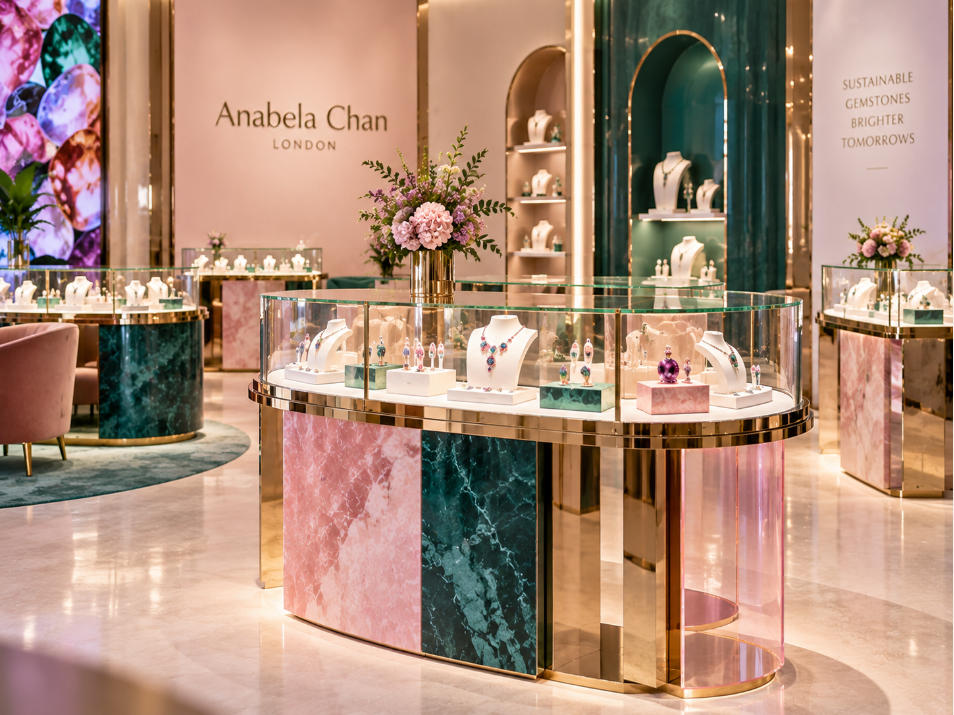 Modern jewelry store display fixture with colored stone mirrored metal acrylic and geometric structure