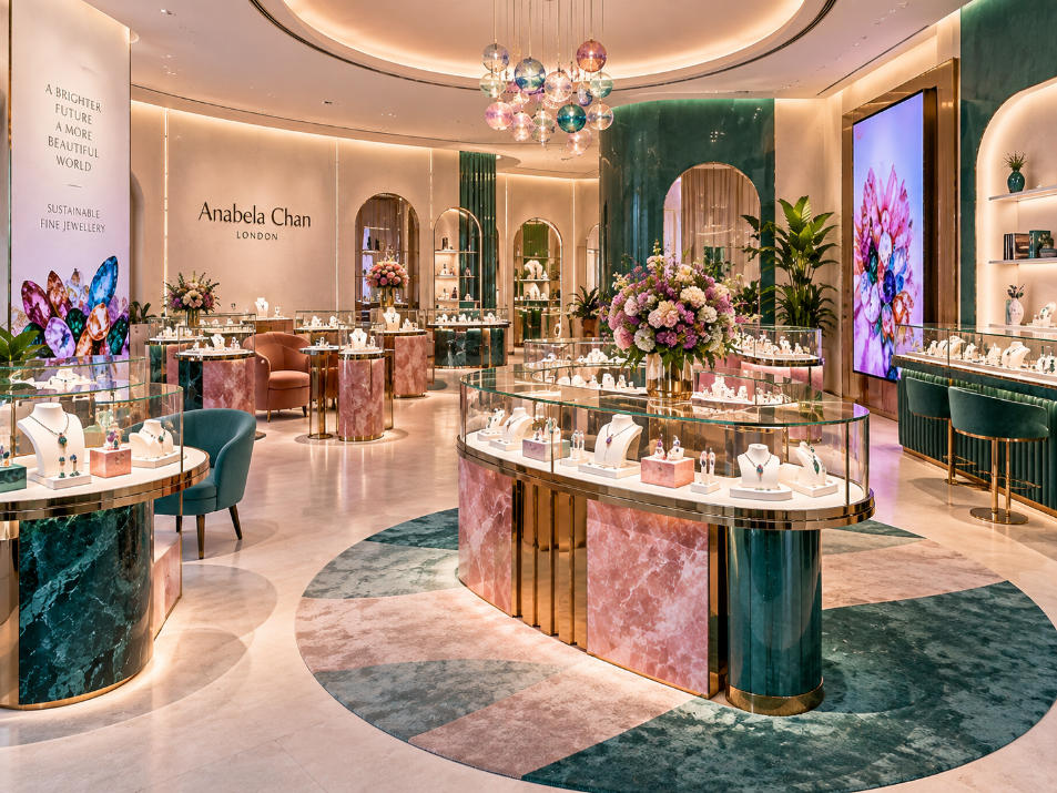Colorful jewelry store layout with custom display fixtures inside Anabela Chan London boutique