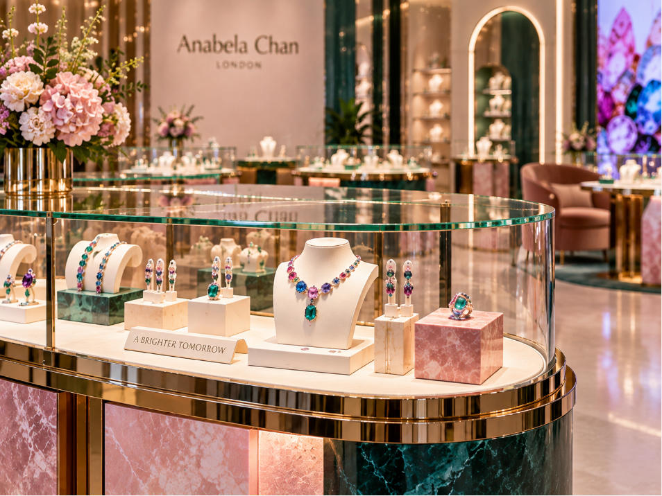Custom gemstone jewelry store display fixture with colorful contemporary presentation