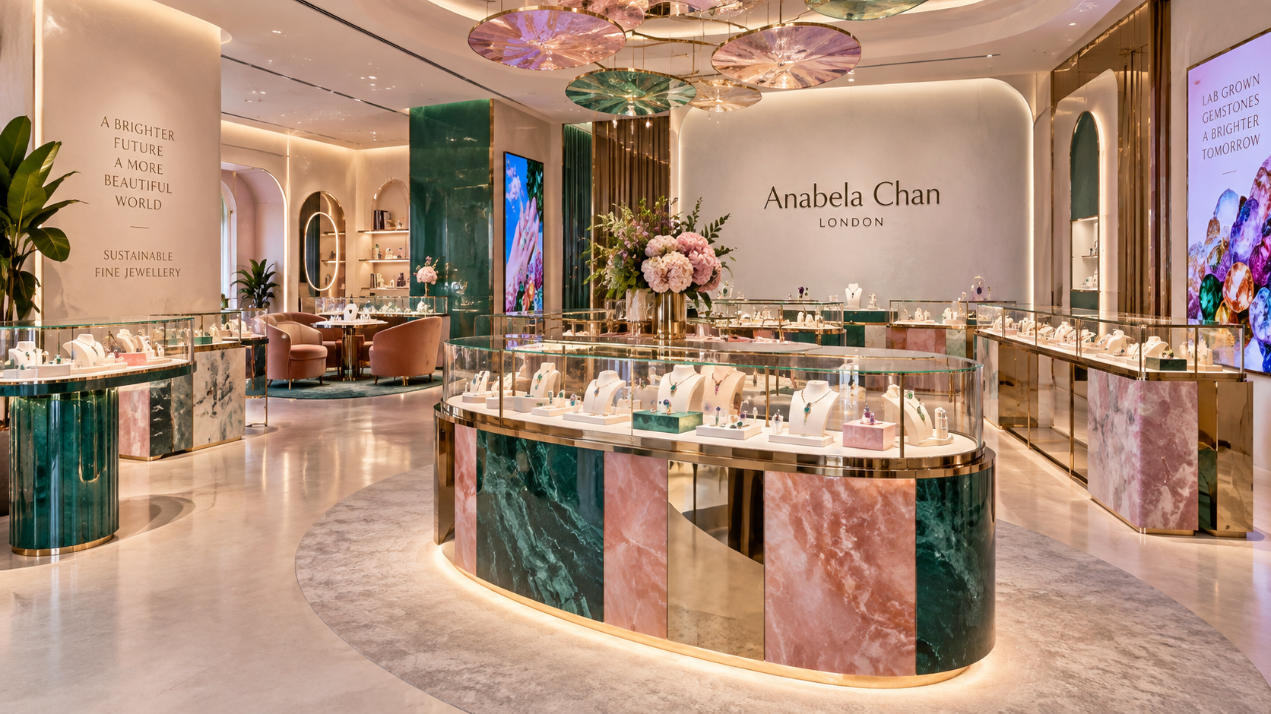 Anabela Chan London custom jewelry store display fixtures in colorful contemporary boutique