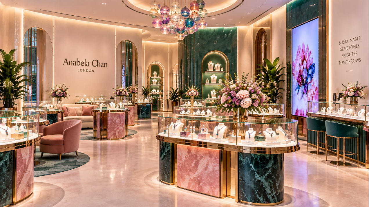 Completed Anabela Chan London interior with custom jewelry store display fixtures