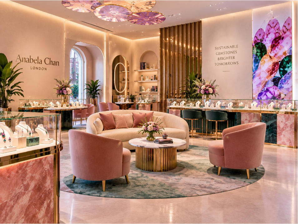 Social jewelry retail space with modern display furniture inside London boutique