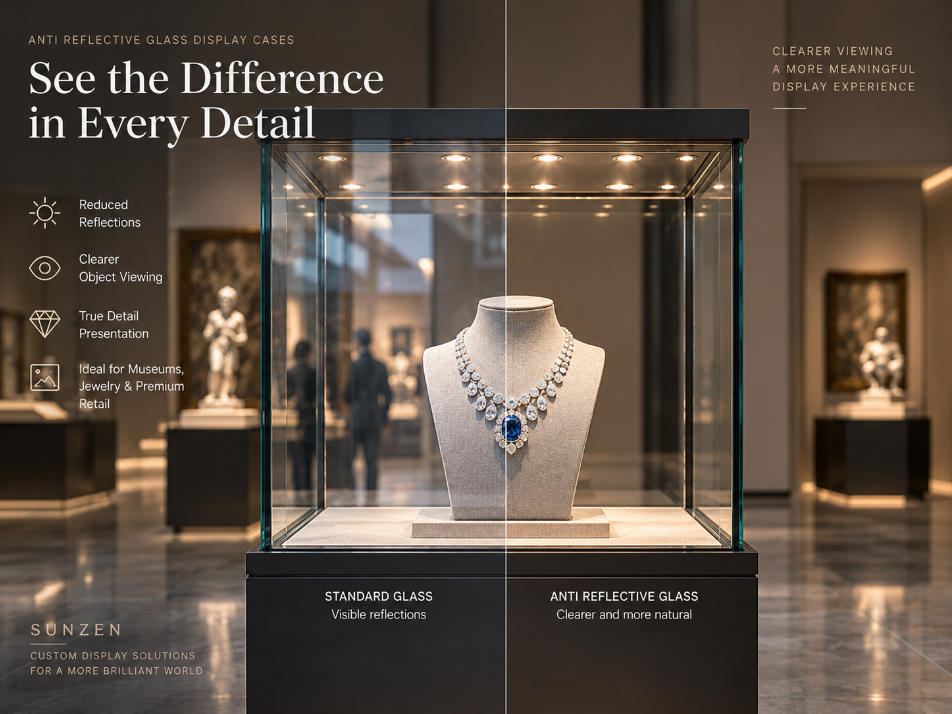 Anti reflective glass display case showing reduced reflections and clearer viewing of displayed objects