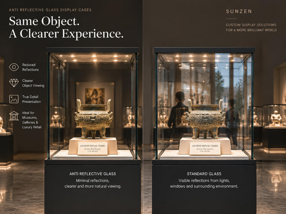 Anti reflective glass and standard glass comparison showing reduced glare and reflections in display cases