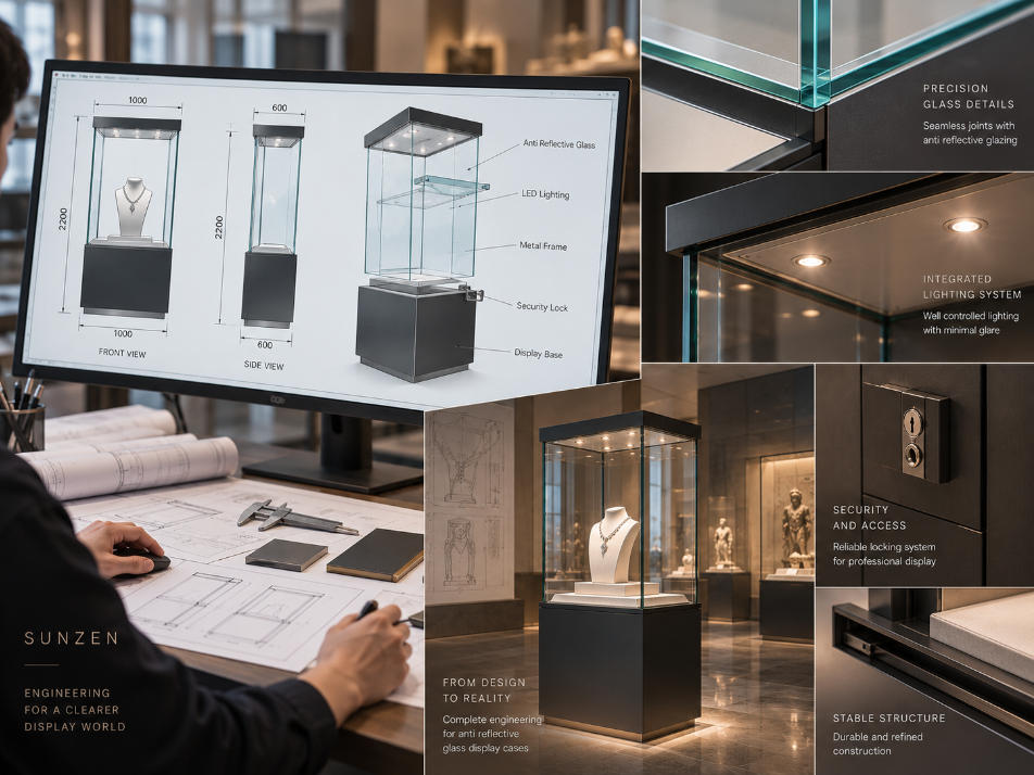 Anti reflective glass display case engineering with glazing dimensions viewing angles lighting structure hardware and assembly details