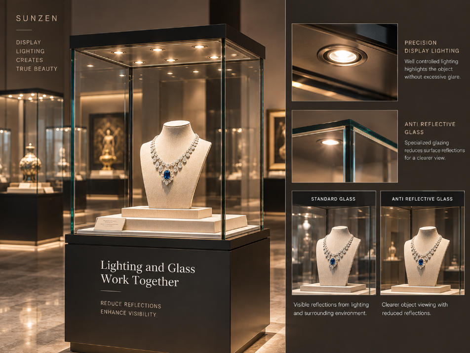 Anti reflective glass display case lighting coordinated to reduce glare reflections and improve object visibility