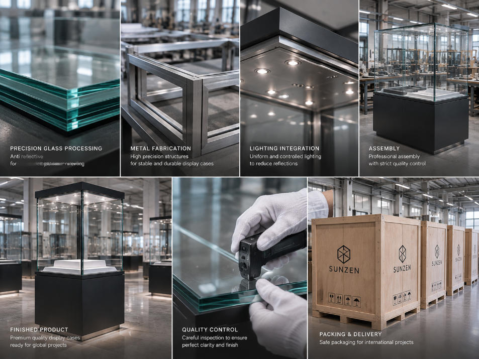 Anti reflective glass display case manufacturing with precision glazing metal fabrication lighting assembly and quality control