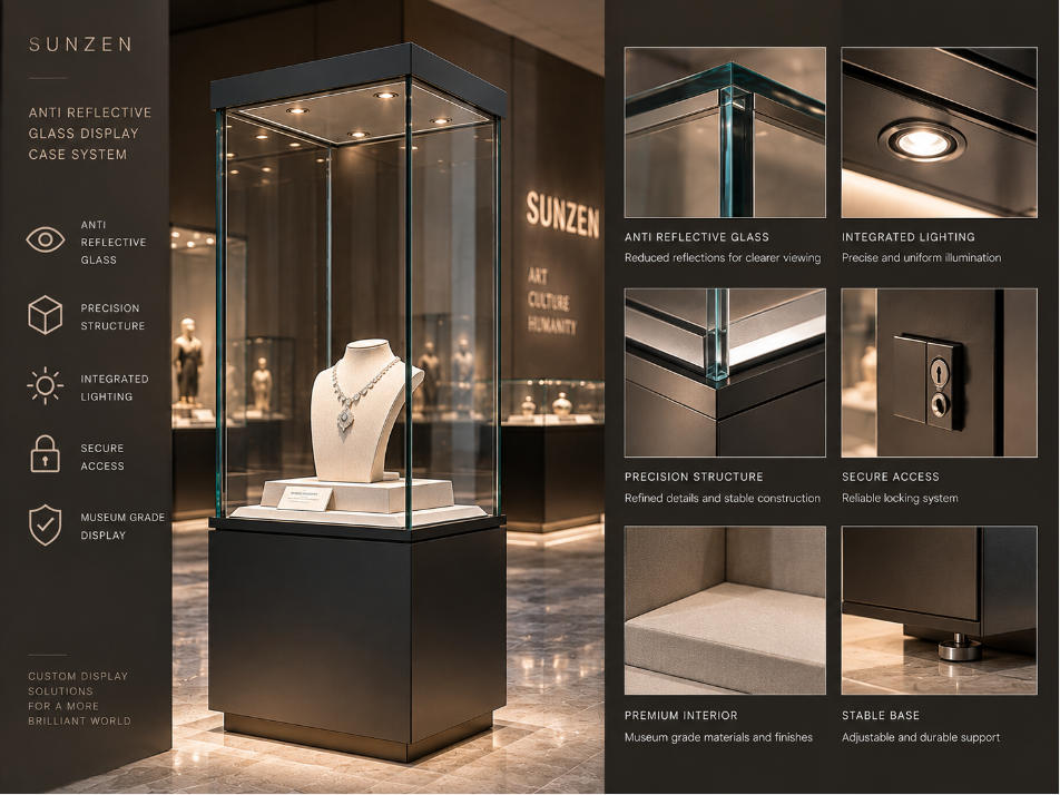 Anti reflective glass display case system with precision glass joints metal structure integrated lighting access and security