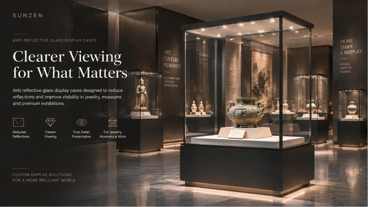 Anti reflective glass display cases designed to reduce reflections and improve visibility in jewelry museums and premium exhibitions