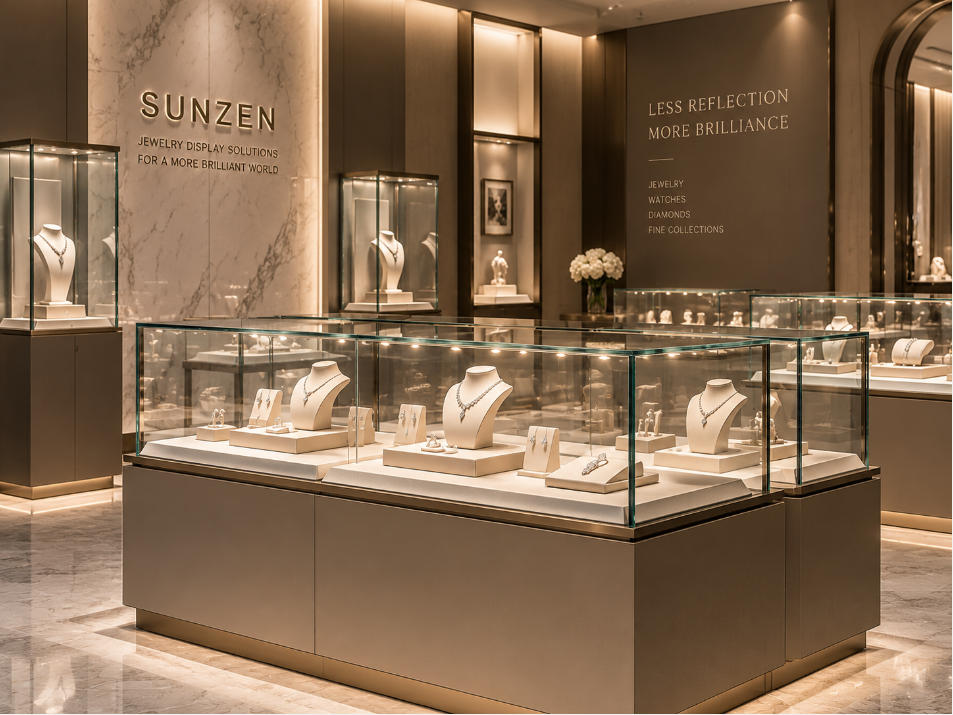 Anti reflective glass display cases for luxury jewelry store with reduced glare integrated lighting and clear product presentation