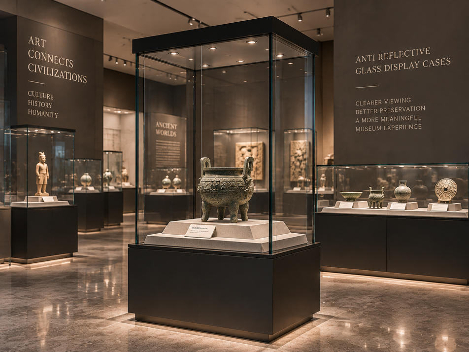 Anti reflective glass display cases in museum gallery reducing reflections for clearer artifact viewing