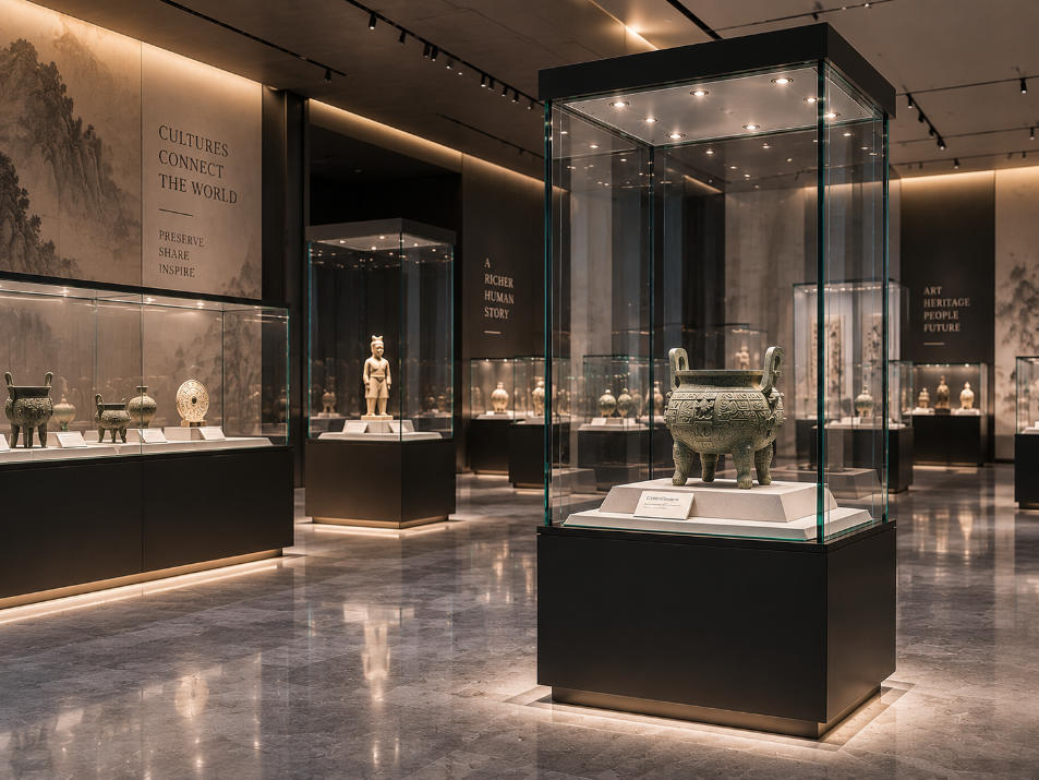 Completed premium exhibition project with coordinated anti reflective glass display cases and clear unobstructed viewing
