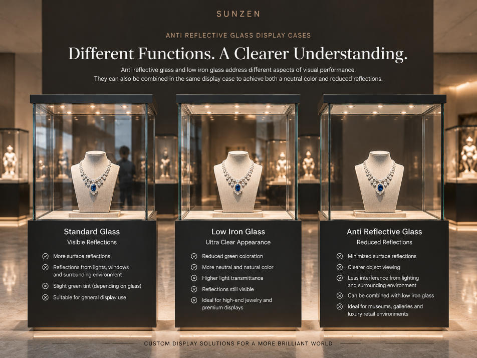 Anti reflective glass and low iron glass comparison explaining reflection control and ultra clear glass appearance