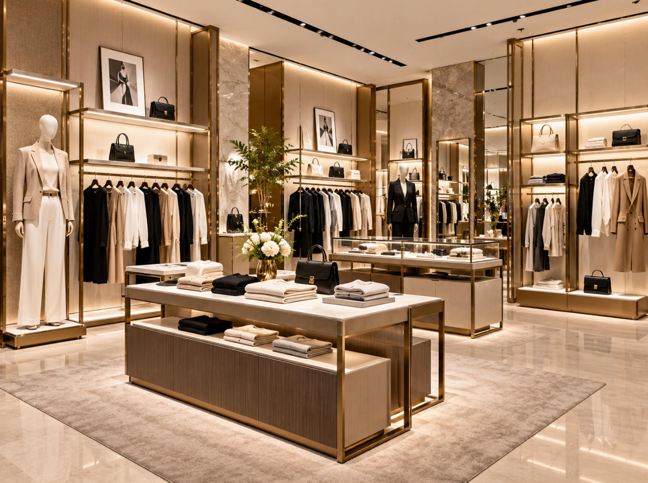 Custom luxury apparel display fixtures manufactured by SUNZEN factory for fashion stores and global brands