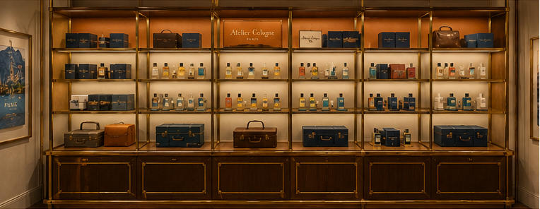 Brass framed gift vitrine for dedicated perfume gift gallery walls