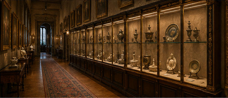 Carved brass mansion vitrine for long Renaissance art corridors