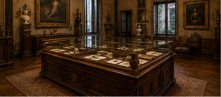 Renaissance walnut artifact island for mansion central viewing hall