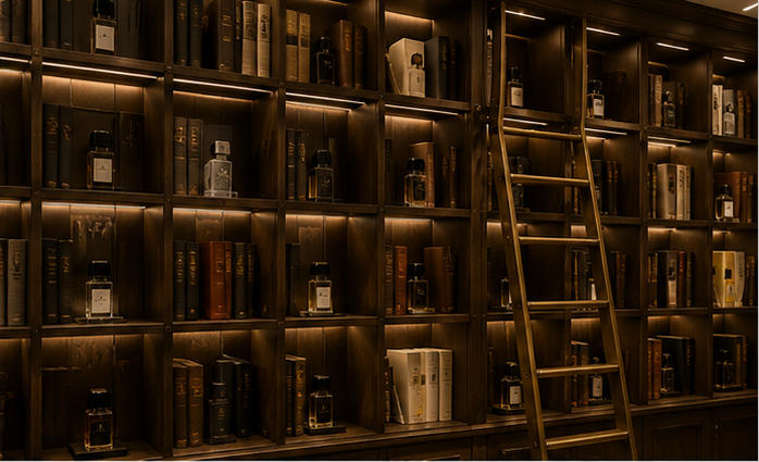 Library wood fragrance cabinets dark timber book-style wall storage