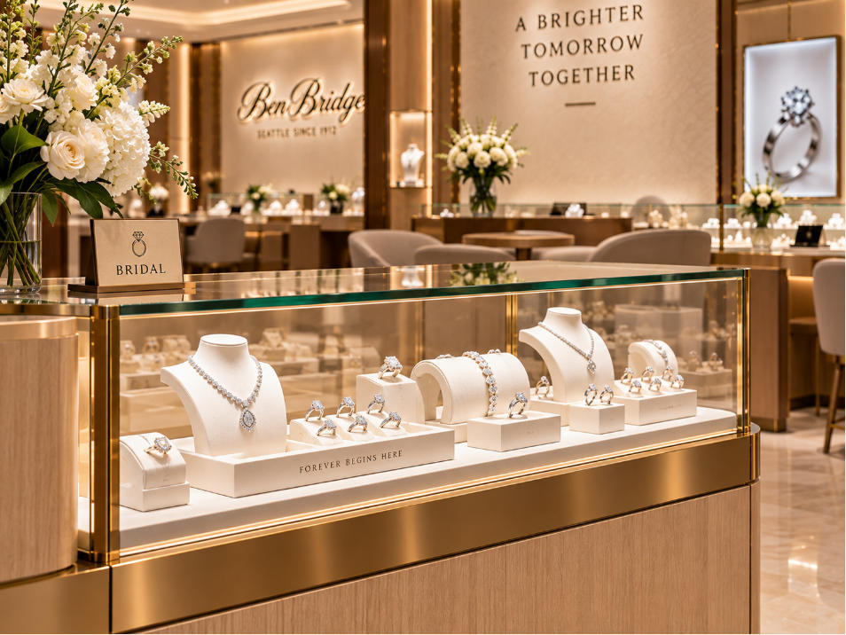 Bridal jewelry display detail with light wood champagne metal and ultra-clear glass