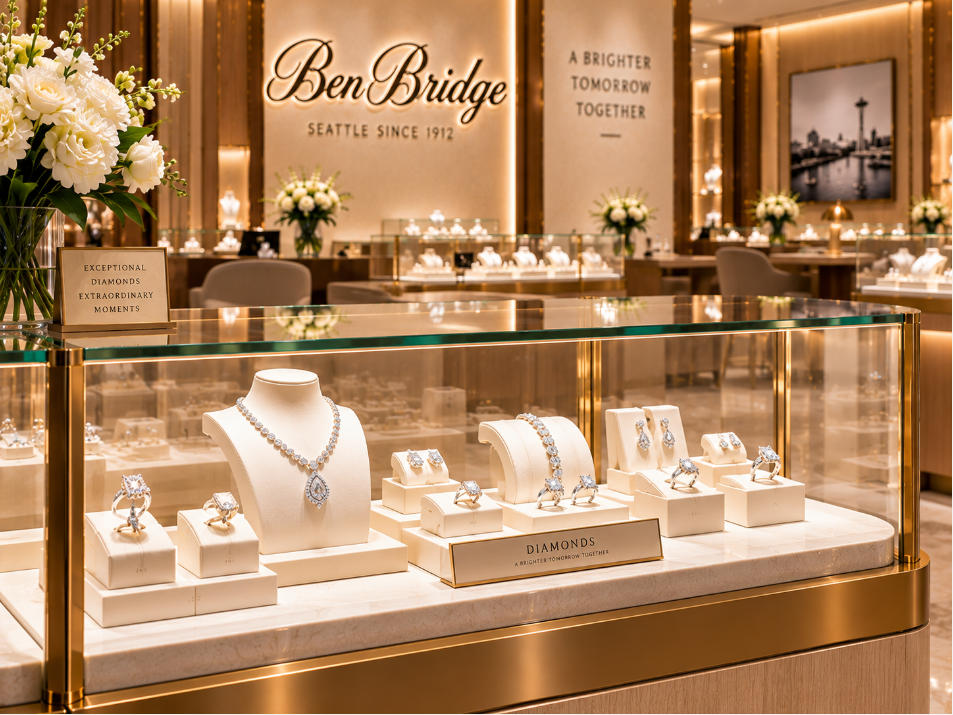 Diamond jewelry showcase detail with champagne metal ultra-clear glass and focused lighting