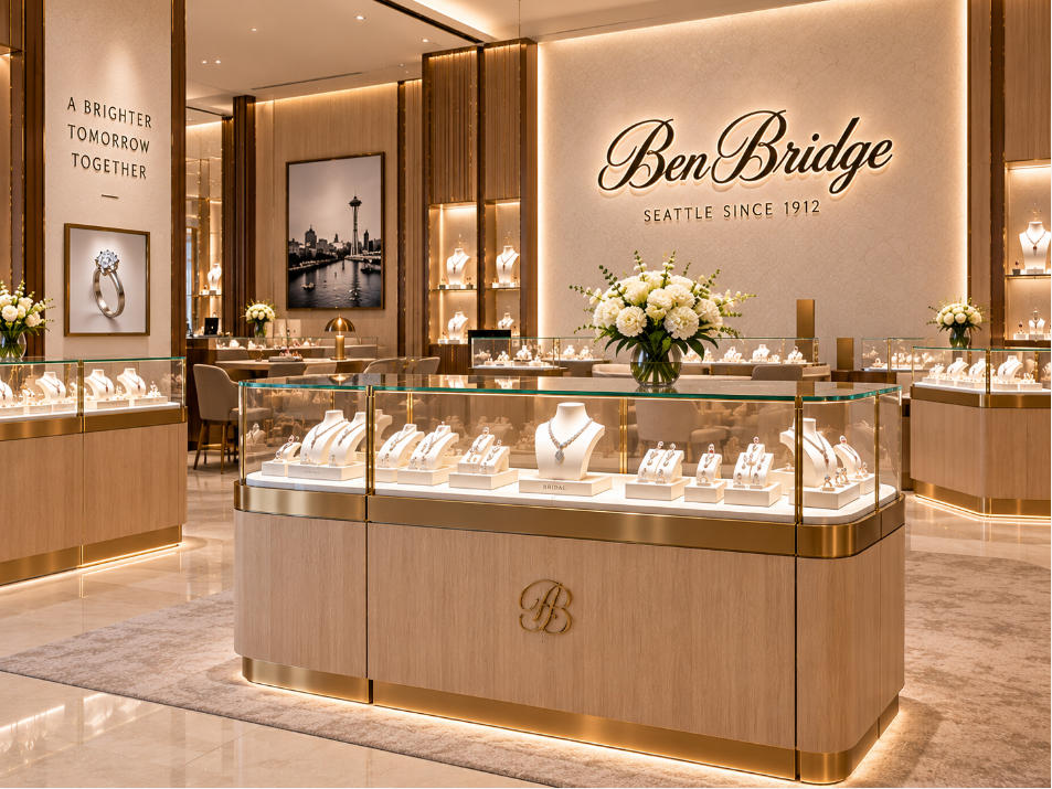 Bridal diamond jewelry showcase with light wood champagne metal ultra-clear glass and warm focused lighting