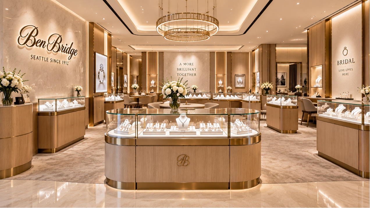 Ben Bridge Seattle custom bridal jewelry store fixtures in modern American luxury jewelry boutique