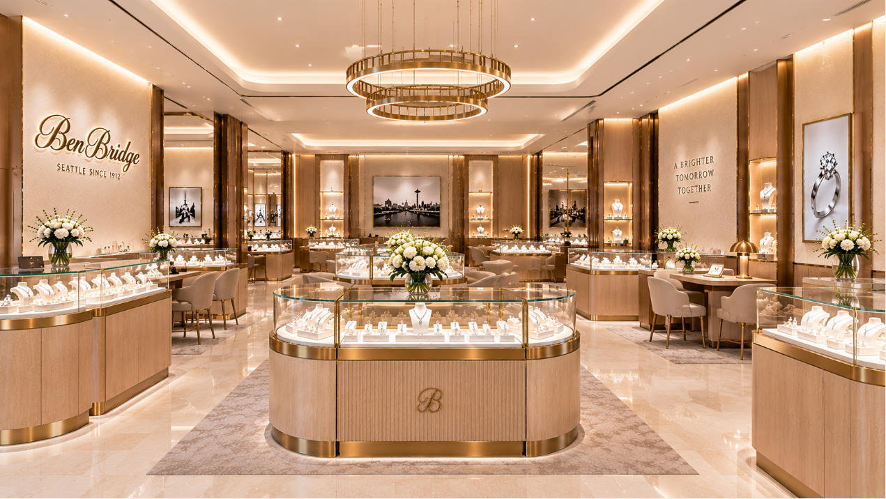 Completed Ben Bridge Seattle interior with custom bridal jewelry store fixtures