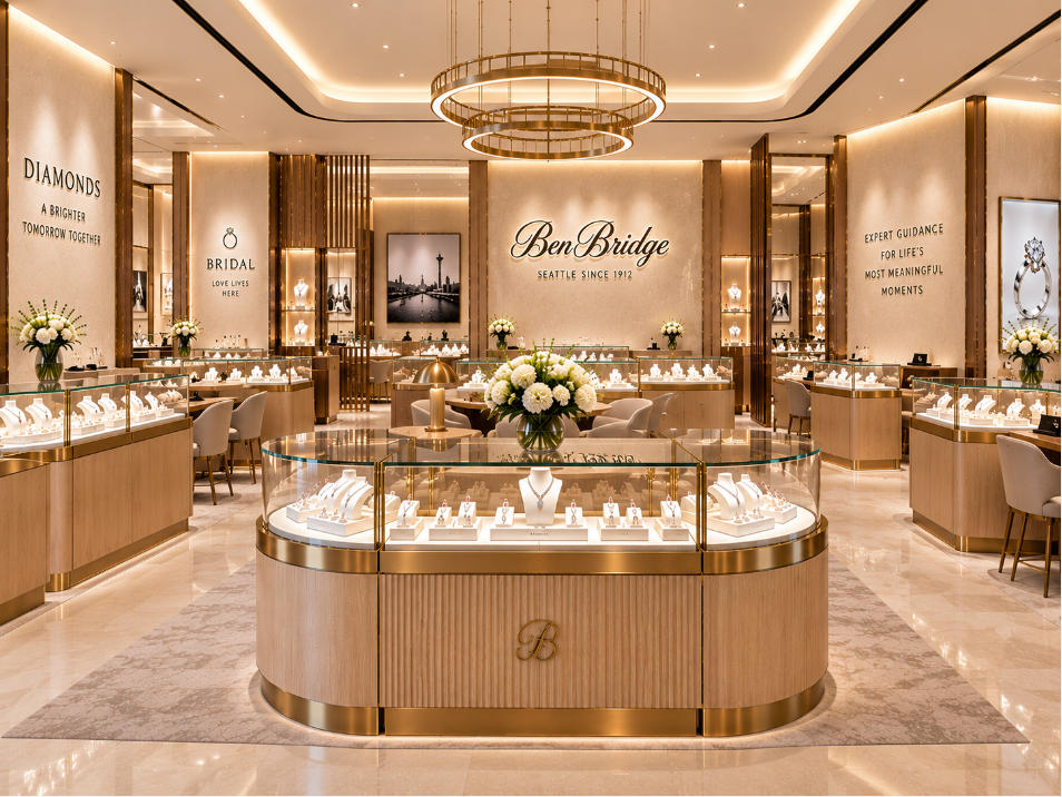 Open bridal and diamond jewelry store layout with custom display fixtures inside Ben Bridge Seattle
