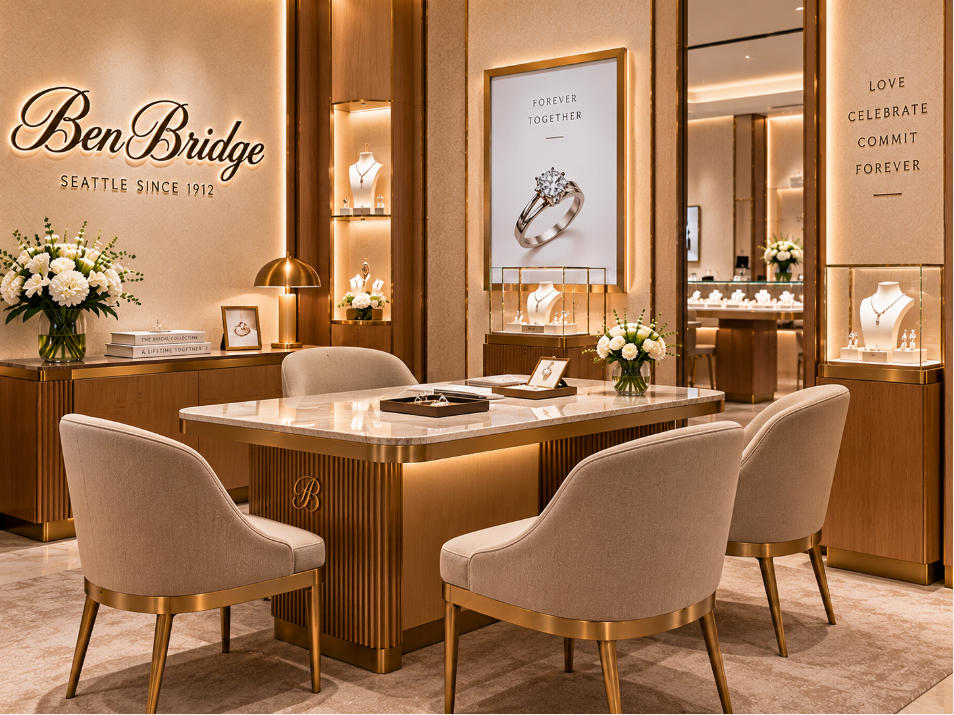 VIP bridal jewelry consultation area inside modern American luxury jewelry store