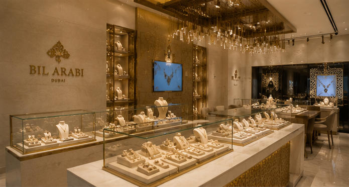 Stone jewelry counter for core viewing aisle