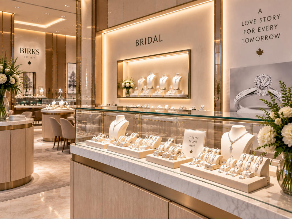 Bridal jewelry glass display case with ultra-clear glazing stone and focused lighting
